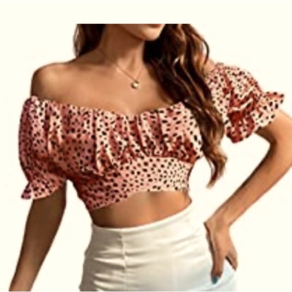NWOT Ruffle Short Sleeve Off Shoulder Tie Back Crop Blouse Top. Size L. - Picture 1 of 6